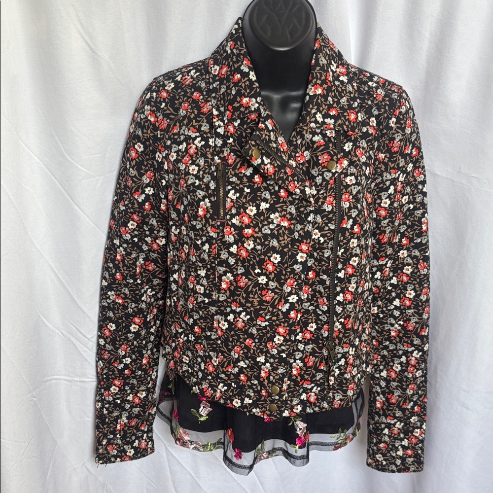 Floral Quilted Bomber Jacket - Black with Red & White Floral Print
